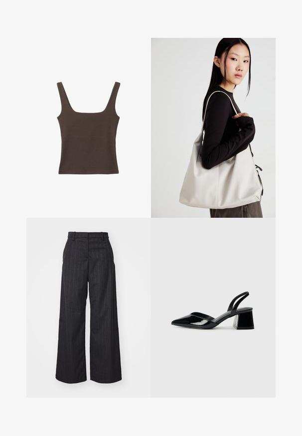 Haut sans manches marron avec un décolleté carré, fabriqué à partir d'un tissu doux et extensible. Présente un design ajusté et des coutures plates.; Pantalons amples en tissu gris foncé avec des rayures verticales, présentant une taille ajustée et des plis subtils à l'avant.; Escarpins en cuir verni noir avec bout pointu et talon bloc géométrique. Présente un design élégant et minimaliste ainsi qu'une texture lisse.; Sac à main beige en matériau souple, avec un design décontracté, des détails cousus et deux poignées. Idéal pour un usage quotidien.