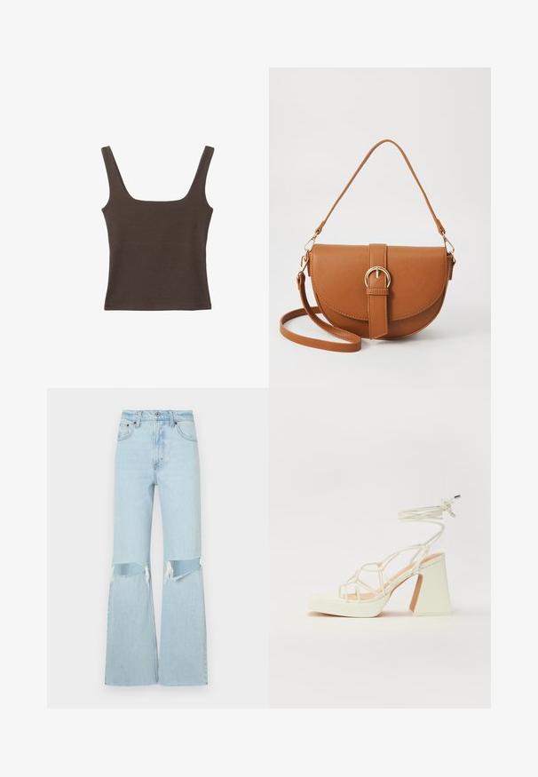 Smešani smeđi top bez rukava sa kvadratnim izrezom, izrađen od mekanog, rastezljivog materijala. Ima kroj koji se uklapa i ravne šavne.; Svijetloplave traperice s izbijelim detaljima na koljenima, širokih nogavica, visokog struka i sirovim rubom. Ojačano šivanje i klasičan stil s pet džepova.; Bijela sandala na visokoj potpetici s debelim petom, s remenom i vezanjem oko gležnja. Glatka tekstura s platformom sprijeda za dodatnu visinu.; Smeđa kožna torba preko tijela s zakrivljenim oblikom, zlatnim metalnim detaljima i naglaskom na kopču. Ima odvojivu naramenicu.