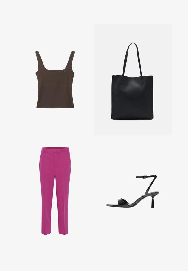 Top senza maniche marrone con scollo quadrato, realizzato in tessuto morbido ed elastico. Presenta un design aderente e cuciture piatte.; Kaffe KASAKURA - Chino - festival fuchsia; Bershka Sandali con tacco - black; Borsa tote in pelle nera con texture liscia, forma rettangolare e due manici lunghi. Nessun hardware o decorazione visibile.