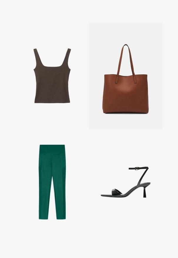 Braunes ärmelloses Oberteil mit quadratischem Ausschnitt, aus weichem, dehnbarem Stoff gefertigt. Verfügt über ein figurbetontes Design und flache Nähte.; Grüne Leggings aus dehnbarem Material, mit hohem Bund und seitlichen Taschen, glatter Textur und figurbetontem Design.; Bershka High Heel Sandalette - black; Braune Leder-Tote mit glatter Textur, offenem Oberteil und zwei Schulterriemen. Verfügt über minimale Nähte und keine sichtbaren Beschläge.