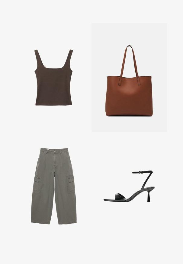 Braunes ärmelloses Oberteil mit quadratischem Ausschnitt, aus weichem, dehnbarem Stoff gefertigt. Verfügt über ein figurbetontes Design und flache Nähte.; Cargo-Hosen aus olivgrünem Stoff, mit weit geschnittenen Beinen, vorderen Taschen und zwei seitlichen Cargo-Taschen mit Klappen. Strukturierter Baumwollstoff.; Bershka High Heel Sandalette - black; Braune Leder-Tote mit glatter Textur, offenem Oberteil und zwei Schulterriemen. Verfügt über minimale Nähte und keine sichtbaren Beschläge.