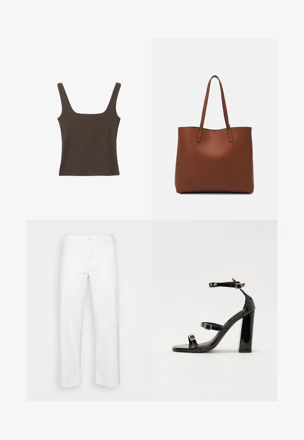 Brown sleeveless top with a square neckline, made from soft, stretchy fabric. Features a fitted design and flat seams.; White cotton trousers with a straight leg design, featuring a front button closure, belt loops, and subtle stitching details.; Black patent high-heeled sandals with two buckle straps, square toe, and a chunky block heel, featuring a smooth, glossy texture.; Brown leather tote bag with a smooth texture, open top design, and two shoulder straps. Features minimal stitching and no visible hardware.