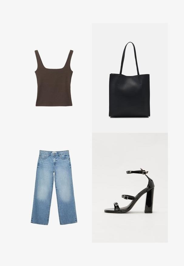 Rjava brezrokavna majica s kvadratnim izrezom, narejena iz mehkega, elastičnega materiala. Ima oprijet kroj in ravne šive.; Svetlo modre široke traperice iz denima. Značilnosti vključujejo sprednje žepke, zadrgo in svetlo bledilo vzdolž stegen.; Črne lakirane sandale s peto, kvadratnim prstom, trakovi okrog gležnja in srebrnimi zaponkami. Opremljene so s stabilno Debelo peto.; Črna usnjena torba s svilnato teksturo, pravokotne oblike in dvema dolgima ročajema. Brez vidnih metalnih delov ali okrasnih elementov.