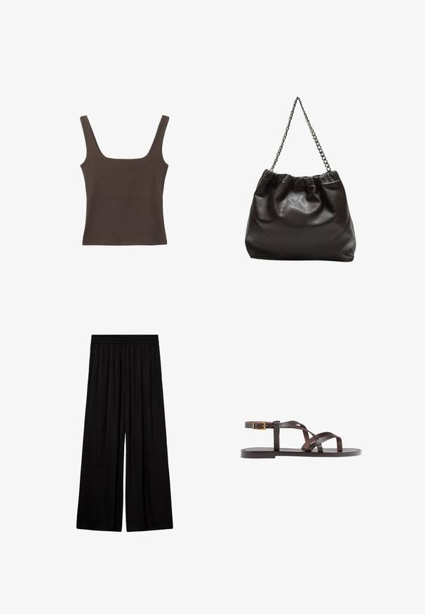 Haut sans manches marron avec un décolleté carré, fabriqué à partir d'un tissu doux et extensible. Présente un design ajusté et des coutures plates.; Mango Pantalon classique - black; Sandale en cuir marron avec des brides entrecroisées, une fermeture à boucle à la cheville et une semelle plate avec des détails de couture minimaux.; Sac en cuir marron avec un haut froncé et une bandoulière en chaîne. Texture lisse avec une finition brillante et des coutures subtiles sur les côtés.