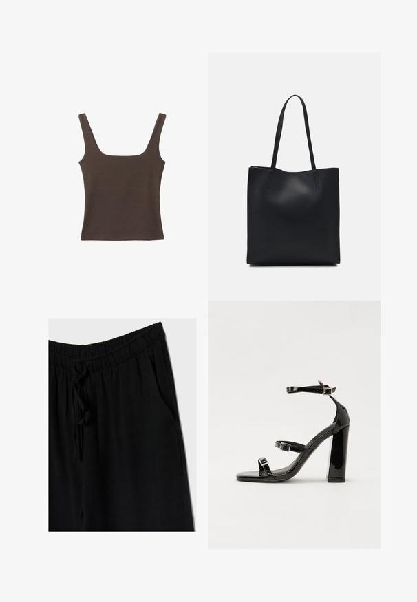 Top senza maniche marrone con scollo quadrato, realizzato in tessuto morbido ed elastico. Presenta un design aderente e cuciture piatte.; Pantaloni neri con elastico in vita e cordino, caratterizzati da una vestibilità comoda e tasche laterali. Il materiale sembra morbido e leggero.; Sandali con tacco in vernice nera, con punta squadrata, cinturini alla caviglia e fibbie in argento. Presentano un tacco a blocco spesso per maggiore stabilità.; Borsa tote in pelle nera con texture liscia, forma rettangolare e due manici lunghi. Nessun hardware o decorazione visibile.