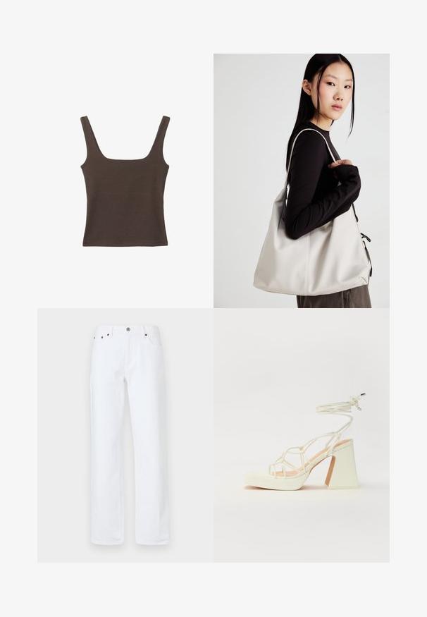 Brun ärmlös topp med fyrkantig halsringning, tillverkad av mjukt, elastiskt tyg. Har en figurnära design och plana sömmar.; Vita denimjeans har en avslappnad passform med raka ben, femfickorsdesign, framknäppning och nitar i kopparliknande ton.; Vit högklackad sandal med en kraftig klack, med ett remdesign och ankelband. Slät textur med en plattform framtill för ökad höjd.; Beige handväska tillverkad av mjukt material, med en avslappnad design, sydda detaljer och två axelremmar. Lämplig för dagligt bruk.
