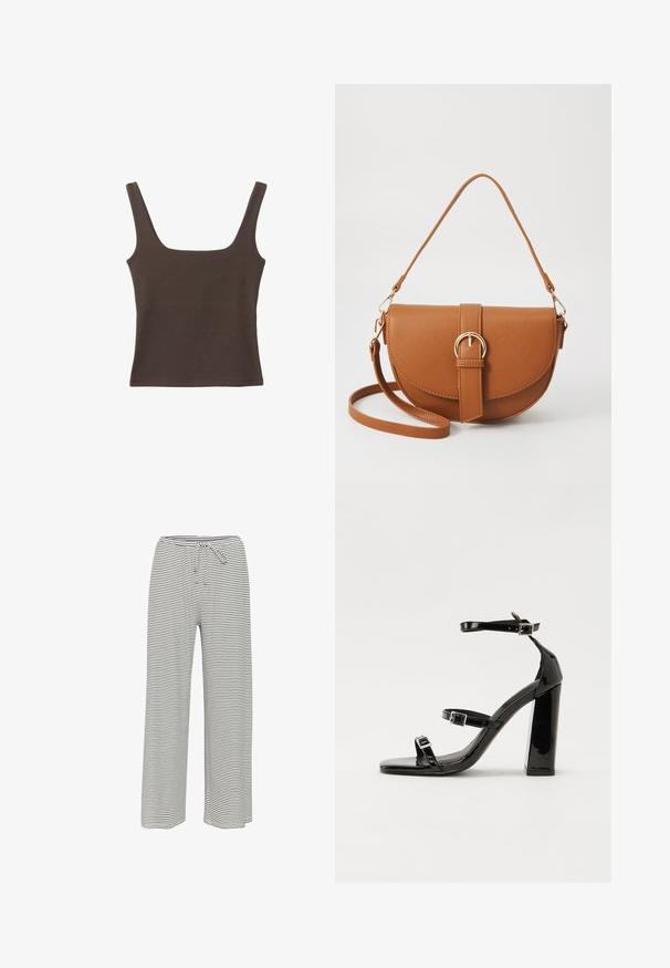 Top senza maniche marrone con scollo quadrato, realizzato in tessuto morbido ed elastico. Presenta un design aderente e cuciture piatte.; Pantaloni larghi a righe in bianco e nero. Realizzati in tessuto morbido con vita elasticizzata e cordoncino per una vestibilità regolabile.; Sandali con tacco in vernice nera, con punta squadrata, cinturini alla caviglia e fibbie in argento. Presentano un tacco a blocco spesso per maggiore stabilità.; Borsa a tracolla in pelle marrone con forma curvata, hardware dorato e un dettaglio con fibbia. Presenta una tracolla rimovibile.