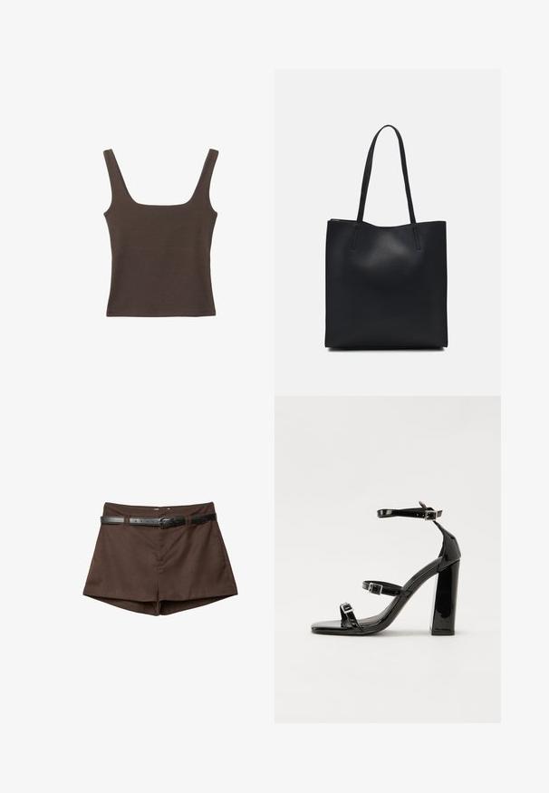 Haut sans manches marron avec un décolleté carré, fabriqué à partir d'un tissu doux et extensible. Présente un design ajusté et des coutures plates.; Shorts marron sur mesure avec une fine ceinture noire enfilée dans les passants de ceinture, présentés sur un fond blanc.; Sandales à talons vernies noires avec un bout carré, des sangles autour de la cheville et des boucles en argent. Dotées d'un talon bloc épais pour plus de stabilité.; Sac fourre-tout en cuir noir avec une texture lisse, de forme rectangulaire et deux longues poignées. Pas de matériel ou d'ornementations visibles.