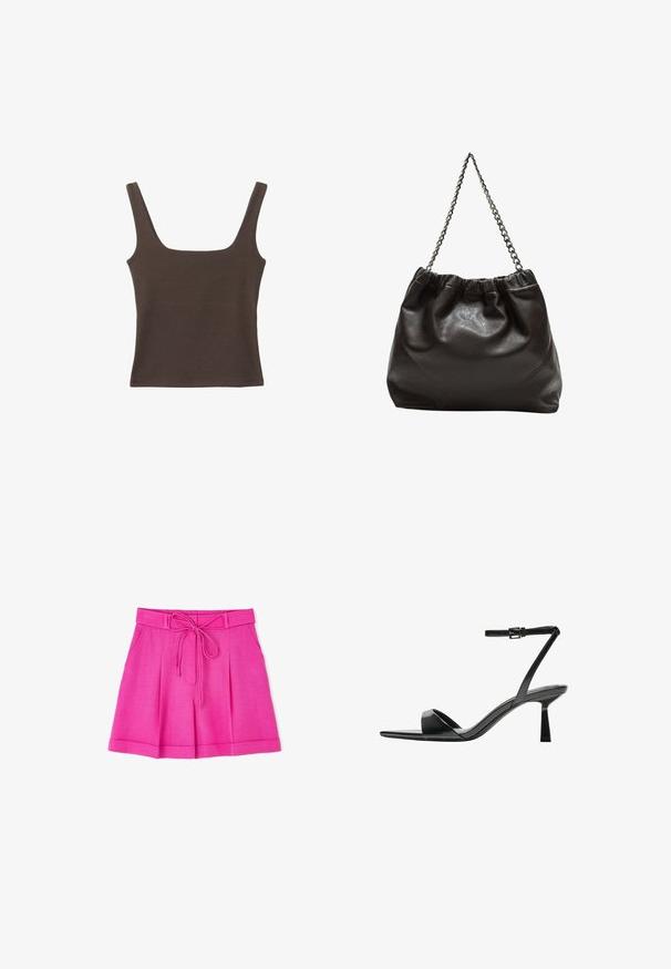 Brązowa bezrękawnikowa bluzka o kwadratowym dekolcie, wykonana z miękkiego, elastycznego materiału. Posiada dopasowany krój i płaskie szwy.; Różowe szorty z lekkiego materiału z wiązanym pasem, z plisami i dwiema bocznymi kieszeniami. Gładka faktura, casualowy design.; Bershka - Sandały na obcasie; Brązowa skórzana torba z marszczonym szczytem i łańcuszkowym paskiem. Gładka tekstura z błyszczącym wykończeniem i subtelnymi detalami szwów po bokach.