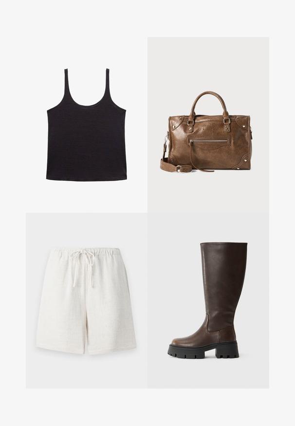 Débardeur noir en tissu doux et léger. Présente un col arrondi et des bretelles fines, avec un ourlet droit et sans motifs ni accents.; Shorts en lin de couleur blanc crémeux avec une taille élastique et un cordon de serrage. Présente une surface texturée et une coupe décontractée.; Botte marron montante en cuir synthétique lisse, dotée d'une semelle platform noire épaisse et de coutures minimales pour un design épuré.; Sac à main en cuir marron avec une bandoulière réglable, des anses supérieures, une poche frontale zippée et des accents en métal. Fini texturé.