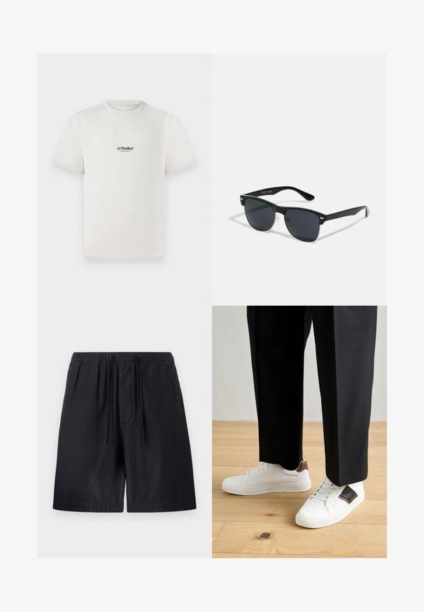 Biała bawełniana koszulka z krótkimi rękawami, z czarnym logo "JJ Studios" na klatce piersiowej. Okrągły dekolt i standardowy krój.; Czarne szorty z elastycznym paskiem w talii, z wciąganą sznurkiem, bocznymi kieszeniami oraz lekkim materiałem zapewniającym komfort. Widoczne detale szwów.; Białe trampki o gładkiej fakturze, z brązowymi skórzanymi akcentami i czarnymi detalami, zestawione z czarnymi eleganckimi spodniami. Tło stanowi drewniana podłoga.; Czarne okulary przeciwsłoneczne o prostokątnym kształcie, ciemnych soczewkach, srebrnych akcentach na zausznikach oraz matowym wykończeniu oprawki.