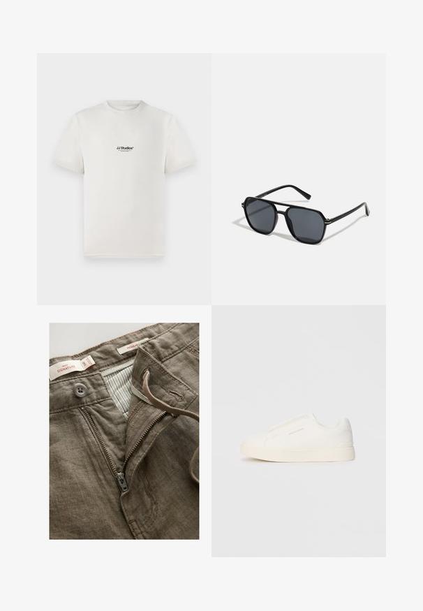 Valge puuvillane T-särk lühikeste varrukatega, millel on rinnal must "JJ Studios" logo. Ümmargune kaelus ja tavaline lõige.; Pruunist linaneest püksid, millel on eesne lukuga, nööpkinnitus ja triibuline sisemine vooder. Sisaldab õmbluse detaile ja sildi.; Valged libisemiskindlad tossud tekstuuriga pinnaga, paksu tallaga ja minimalistikus disainis. Küljel on brändi logo.; Mustad mustad prillid oktaalpäistega, tumedad läätsed, läikiv viimistlus, õhukesed templid ja kuldsed aktsendid ees.