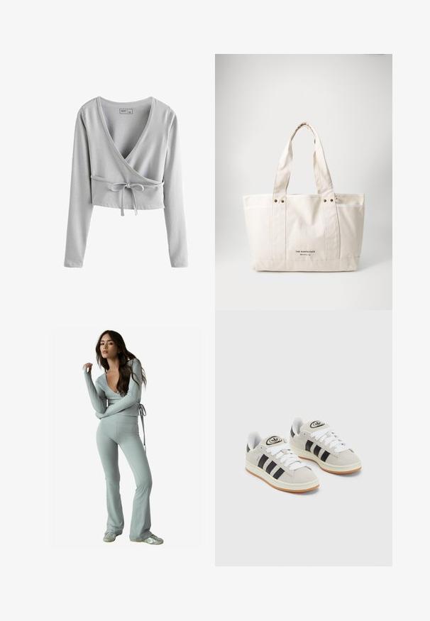 Grå beskuren långärmad topp med djup V-hals, omlottdesign och knytdetalj i midjan. Mjuk material med en slät textur.; Ljusgrå långärmad omslagstopp med djup V-hals och justerbart midjeband, kombinerad med matchande utsvängda byxor i mjukt, stretchigt material.; Grå mocka sneakers med vita snören, svarta ränder och en vit gummisula. Har en rund logo på tungan och en gummisula.; Canvas tote väska i ljusbeige med två robusta handtag, kontrasterande vit kant, och logotypen "THE NORTH FACE" i svart på framsidan.