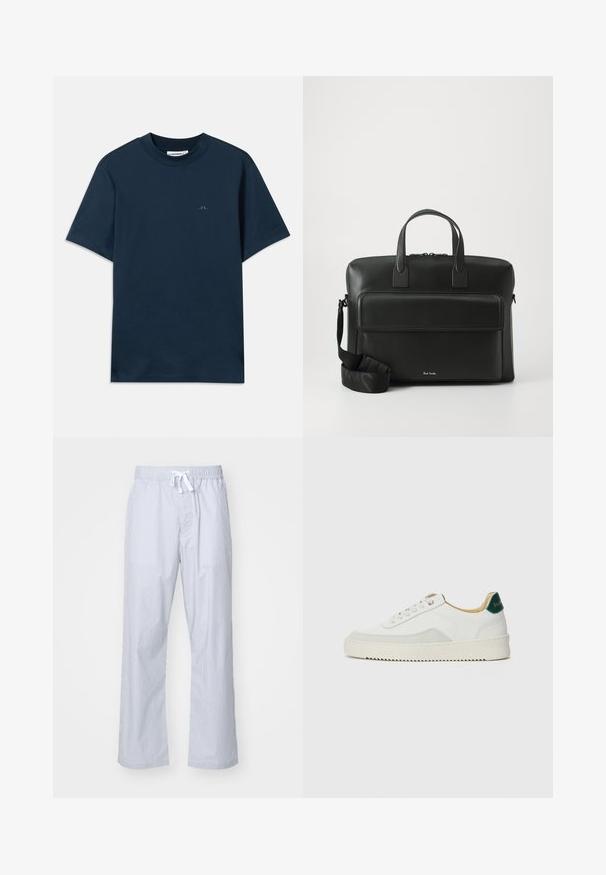 Námornícka modrá bavlnená tričko s okrúhlym výstrihom, krátkymi rukávmi a jemným logom potlačeným na hrudi. Hladká textúra a klasický strih.; Světle modré pruhované pyžamové kalhoty s elastickým pasem a stahovací šňůrkou. Vyrobené z hladké tkaniny, s uvolněným střihem a rovnými nohavicemi.; Biele tenisky s semišovými akcentmi, zaoblenou špičkou, plochými šnúrkami a krémovou gumovou podrážkou. Na päte sú zelené značky.; Čierna kožená aktovka s dvoma hornými rúčkami, predným vreckom a odnímateľným popruhom, s diskrétnym logom na spodnej časti.