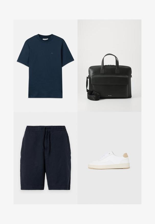 Sötétkék pamut póló, kerek nyakkal, rövid ujjakkal és finoman nyomtatott logóval a mellkason. Sima tapintású és klasszikus fazonú.; Tengerészkék len shorts, rugalmas derékkal és zsinórral, lazább szabással és enyhén textúrált felülettel.; Fehér, alacsony szárú sportcipők textúrált bőr felsőrésszel, krémszínű bordás talppal és barna sarokdíszítéssel. Fehér fűzőkkel és logóval ellátott sarokkialakítással rendelkezik.; Fekete bőr aktatáska kettős felső fogantyúkkal, elülső zsebbel és levehető pánttal, az alján diszkrét logóval.