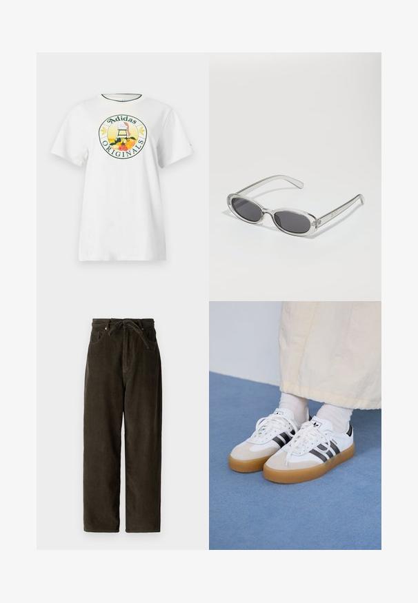 Bílý bavlněný tričko s krátkým rukávem, se zaobleným grafickým logem v zelené a žluté barvě, které zobrazuje "Adidas Originals" a designy ovoce.; Tmavě zelené sametové kalhoty se širokým vlakem, s elastickým páskem na provázek, dvěma předními kapsami a měkkou, texturovanou tkaninou.; Bílé tenisky s černými pruhy a béžovými semišovými akcenty. Mají texturovanou gumovou podrážku a ploché bílé tkaničky, nošeny s světlými ponožkami.; Sluneční brýle s oválným tvarem, průhledným plastovým rámem, tmavě šedými skly a tenkými průhlednými stranami s akcenty loga a minimálními detaily.