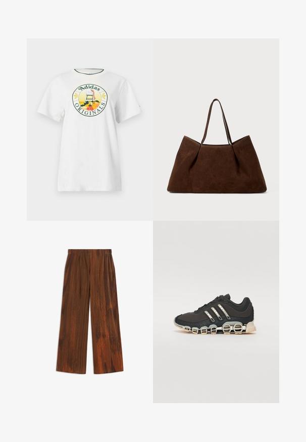 White cotton t-shirt with short sleeves, featuring a round graphic logo in green and yellow, displaying "Adidas Originals" and fruit designs.; Brown wide-leg pants with a pleated texture, featuring vertical stripes and a soft finish. Elastic waistband for comfort.; Black athletic shoe with a textured upper, three silver stripes, and a distinctive cushioning sole featuring multiple integrated sections.; Brown suede tote bag with two shoulder straps, a spacious rectangular shape, and minimalistic design. Soft texture with a smooth finish.