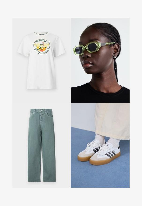 Bela bomba majica s kratkimi rokavi, ki ima okroglo grafično oznako v zeleni in rumeni barvi, na kateri je napis "Adidas Originals" in vzorci sadja.; Svetlozeleni široki traper hlače s gumbnim zapiranjem, štirimi žepi in subtilnimi šivnimi podrobnostmi, s gladko bombažno teksturo.; Bele tene škornje s črnimi črtami in bež usnjenimi detajli. Imajo teksturirano gumijasto podplat in ravne bele vezalke, nosijo se z svetlimi nogavicami.; Zelene očala s tankim pravokotnim okvirjem in temnimi lečami; teksturirane sive ročke z blagovno znamko. Gladka koža in črna majica.