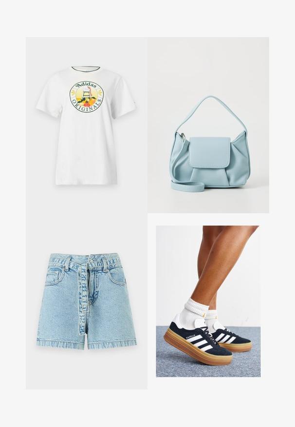 Balta medvilnė marškinėliai trumpomis rankovėmis, su apvaliu grafiniu logotipu žaliai ir geltonai, kuriame yra užrašas "Adidas Originals" ir vaisių dizainai.; Šviesiai mėlynos džinsinės šortai su aukštu liemeniu, diržo kilpos ir surišamu diržu. Turi penkias kišenes ir suplėšytą kraštą, suteikiantį papildomą tekstūrą.; Juodi zomšiniai sportbačiai su baltais dryžiais ir akcentais, apvalios nosies, guminio, gumos pado, derinami su baltais raitytais vidutinio ilgio kojinaitėmis.; Šviesiai mėlynas odinis rankinės maišas su viršutiniu rankenėle, priekinė kišenė su užklotu ir nuimamu riešo dirželiu ant baltos fono.