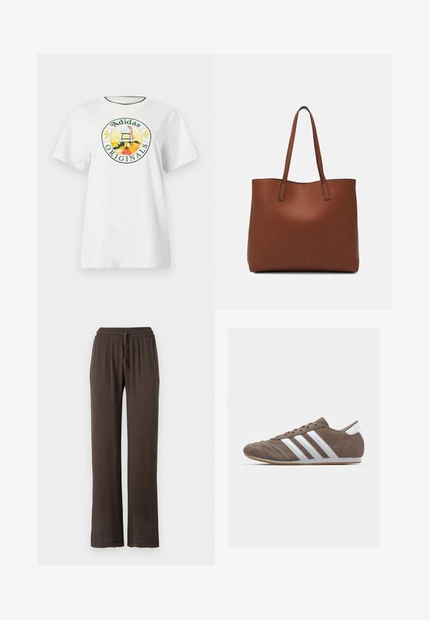 T-shirt en coton blanc à manches courtes, avec un logo graphique rond en vert et jaune, affichant "Adidas Originals" et des motifs de fruits.; Pantalon large marron avec une taille élastique et un cordon de serrage. Matériau texturé avec un motif à rayures verticales. Jambes droites.; Chaussure de sport en suède brun avec des rayures blanches, bout rond, design à lacets et semelle en caoutchouc naturel. Empeigne texturée avec des détails de couture.; Sac fourre-tout en cuir marron avec une texture lisse, design à ouverture supérieure et deux poignées pour le porter à l'épaule. Présente des coutures minimales et aucun matériel visible.
