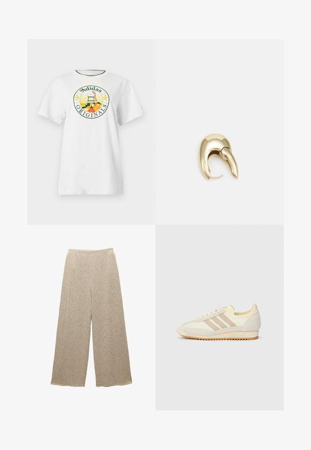 Bílý bavlněný tričko s krátkým rukávem, se zaobleným grafickým logem v zelené a žluté barvě, které zobrazuje "Adidas Originals" a designy ovoce.; Béžové široké kalhoty vyrobené z texturované tkaniny s jemným vzorem. Disponují uvolněným pasem a volným střihem, což zajišťuje pohodlí a lehkost.; Krémové sportovní tenisky s třemi béžovými pruhy, z velurové a textilní materiály, s texturovanou podrážkou a embosovaným logem na patě.; Náušnice ve zlatém tónu z kovu s elegantním zakřiveným designem. Vyznačují se jedinečným špičatým tvarem, lesklým povrchem a závěsem na kloub.