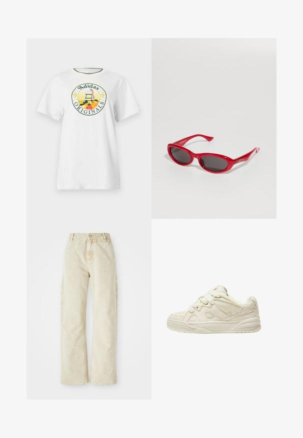 T-shirt bianca in cotone a maniche corte, con un logo grafico rotondo in verde e giallo, che mostra "Adidas Originals" e disegni di frutta.; Pantaloni in denim beige a gamba larga con vita alta, dotati di chiusura frontale con bottone e zip, passanti per cintura e tasche laterali. Tessuto morbido.; Sneakers beige con una toma superiore texture, lacci prominenti, pannelli in rete e una suola spessa. Design curvo con un collo imbottito per il comfort.; Occhiali da sole rossi con montatura in plastica lucida, lenti ovali e bracci dritti. I dettagli notevoli includono sottili accenti hardware sulle tempie.