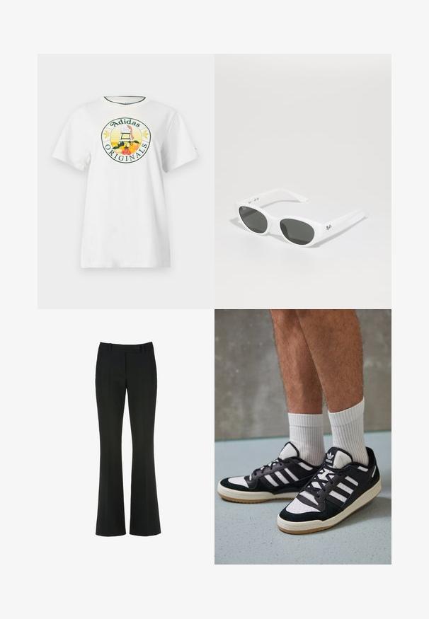 Balts kokvilnas t-krekls ar īsām piedurknēm, kuram ir apaļš grafiskais logotips zaļā un dzeltenā krāsā, attēlojot "Adidas Originals" un augļu dizainus.; Melni bikses ar paplašinātiem kājām, izgatavotas no gludas auduma, ar priekšu aizdares pogu un maigi izšūtām krokām.; Melnas un baltas kedas ar zamša un ādas augšdaļu, kas aprīkotas ar trim baltām svītrām, perforētu purngali un gumijas zolēm.; Baltas saulesbrilles ar noapaļotām rāmēm un tumšiem lēcām. Iezīmējas ar gludu plastmasas tekstūru un mazu logotipu uz kārbiņas.