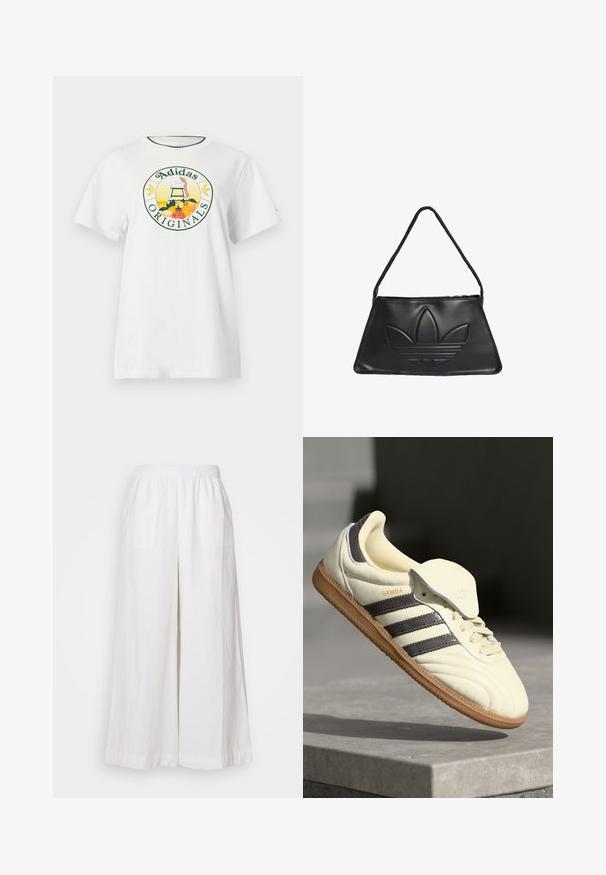 Biała bawełniana koszulka z krótkim rękawem, z okrągłym graficznym logo w zielonym i żółtym, przedstawiającym "Adidas Originals" oraz wzory owoców.; Białe lniane szerokie spodnie z elastycznym pasem, wyposażone w dwie przednie kieszenie i lekką, teksturowaną tkaninę.; Kremowe skórzane trampki z trzema ciemnymi paskami, brązową gumową podeszwą i zaokrąglonym noskiem. Posiadają składany język z napisem "SAMBA".; Czarna skórzana torebka w kształcie trapezu, z wystającym logo Adidas i cienkim paskiem na ramię. Zamknięcie na zamek błyskawiczny u góry.