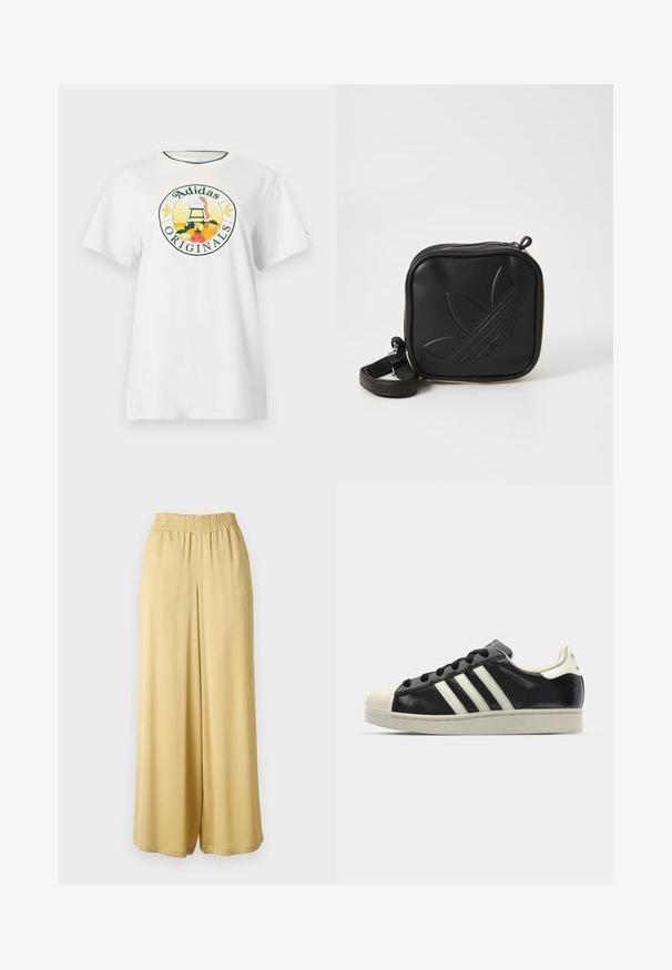 T-shirt en coton blanc à manches courtes, avec un logo graphique rond en vert et jaune, affichant "Adidas Originals" et des motifs de fruits.; Pantalons larges jaunes clairs avec une taille élastique, fabriqués dans un tissu lisse, avec un design fluide et sans motifs ni accents visibles.; Baskets en cuir noir avec des rayures blanches, embout en caoutchouc, lacets noirs et semelle extérieure crème. Texture lisse avec une finition brillante.; Sac bandoulière noir en matériau synthétique texturé. Présente un design de logo en relief et une bandoulière réglable. Fermeture zippée.
