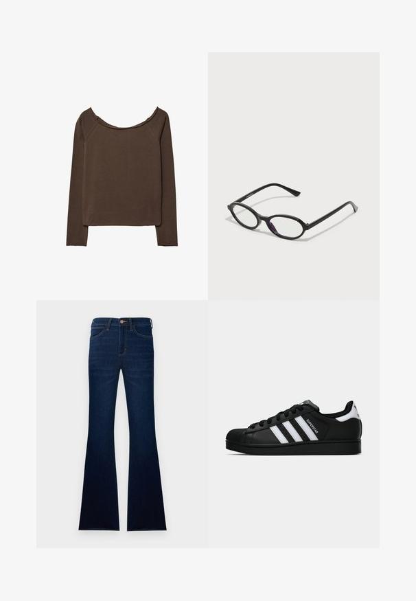 Brun långärmad topp med vid halsringning, tillverkad av mjukt material, med avslappnad passform och minimala sömmar för en smidig silhuett.; Mörkblå utsvängda jeans av denim, med knäppning, två framfickor och en slät textur.; Svart Adidas Superstar sneaker med vita ränder, sula i skalform och "Superstar" text på sidan, visad i sidoprofil mot vit bakgrund.; Svart ovalt ramglasögon med genomskinliga lila detaljer på linserna. Ramen har en mattslät yta och slanka, raka tempel.