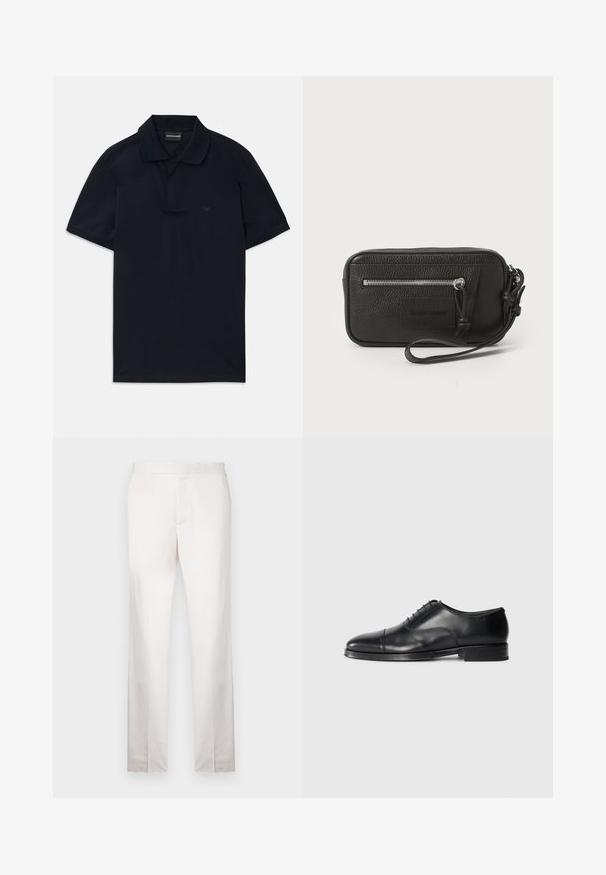 Navy blue short-sleeve polo shirt with collar and subtle logo on the left chest, flat-lay on white background.; Light beige tailored trousers with a smooth texture, straight legs, a flat front, and minimal stitching detail. No visible pockets.; Black leather dress shoe with a rounded toe, smooth texture, lace-up design, and a subtle seam detail, featuring a low, flat heel.; Black leather clutch with textured surface, front zip pocket, and detachable wrist strap. Features a logo patch on the front. Rectangular shape.