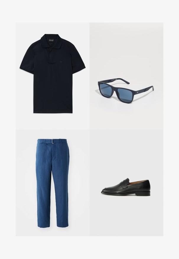 Tamsiai mėlyna trumpomis rankovėmis polo marškiniai su apykakle ir subtiliu logotipu kairėje krūtinės pusėje, išdėstyti ant balto fono.; Tamsiai mėlynos, pritaikytos kelnės iš lengvos medžiagos. Pasižymi pritaikytu liemeniu su diržu ir tiesiu kirpimu, glotnus paviršius.; Juodas odinis loaferis su apvaliu nosiu, subtiliomis siuvimo detalėmis ir žemu kulnu, pasižymintis lygia tekstūra ir minimalistiniu dizainu.; Mėlynos stačiakampės saulės akinių su tamsiais objektyvais, matinio jūros gylio rėmu, su logotipo detalėmis ant šventyklos, tiesiomis šakėmis ir vientisa, lygi tekstūra.