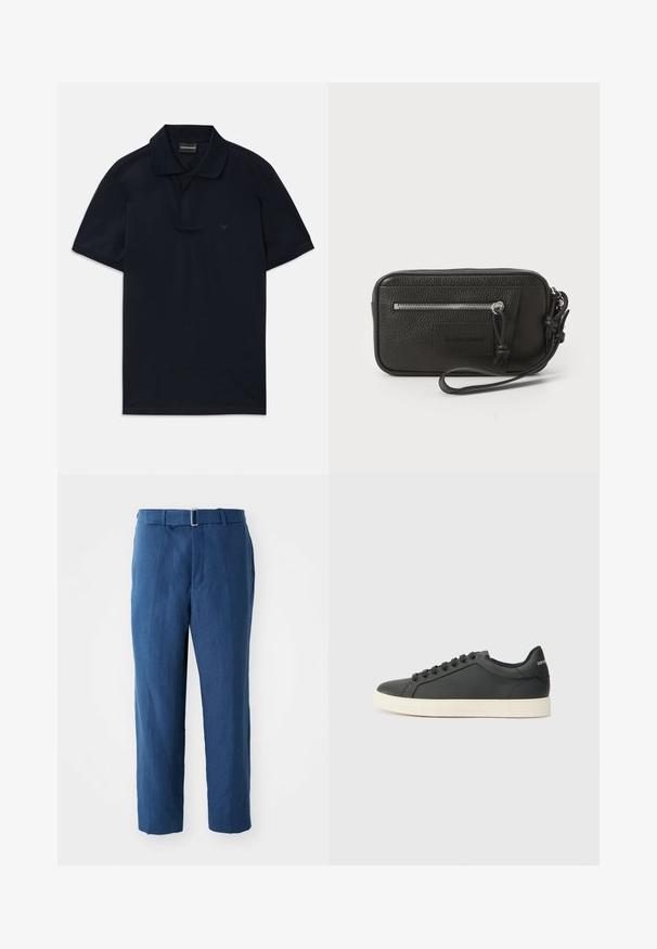Marineblauwe polo met korte mouwen en kraag, met een subtiele logo op de linkerkant van de borst, plat gelegd op een witte achtergrond.; Donkerblauwe, op maat gemaakte broek van lichtgewicht stof. Heeft een strakke taille met een riem en een rechte pijp, met een soepele textuur.; Zwarte leren sneaker met een laag profiel, ronde neus en vetersluiting; beschikt over een getextureerde rubberen zool en logo-detail op de hiel.; Zwarte leren clutch met een gestructureerd oppervlak, voorzak met rits en een afneembare polsband. Beschikt over een logo-opdruk aan de voorkant. Rechthoekige vorm.