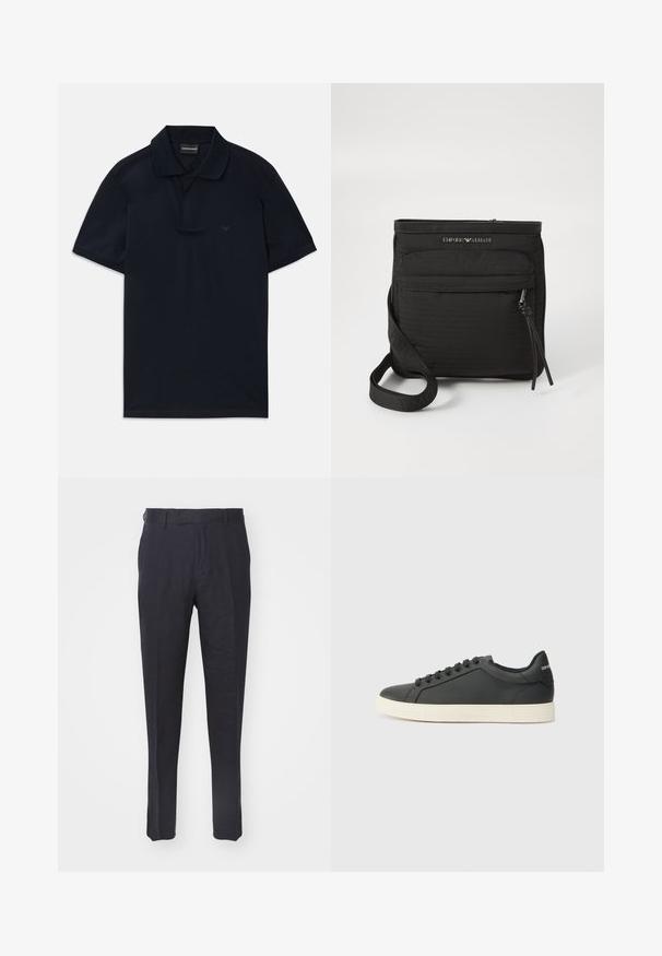 Polo de manga curta azul marinho com colarinho e logótipo discreto no lado esquerdo do peito, disposto em plano sobre um fundo branco.; Calças de marinheiro feitas de um tecido leve, com um corte reto, frente lisa, passantes para cinto e dois bolsos laterais. Textura suave.; Sapatilha de couro preto com perfil baixo, bico arredondado e fecho de atacadores; apresenta uma sola de borracha texturizada e detalhe do logotipo no calcanhar.; Mala transversal preta da Emporio Armani com bolso frontal com fecho, alça ajustável e detalhe do logótipo em tecido texturizado.