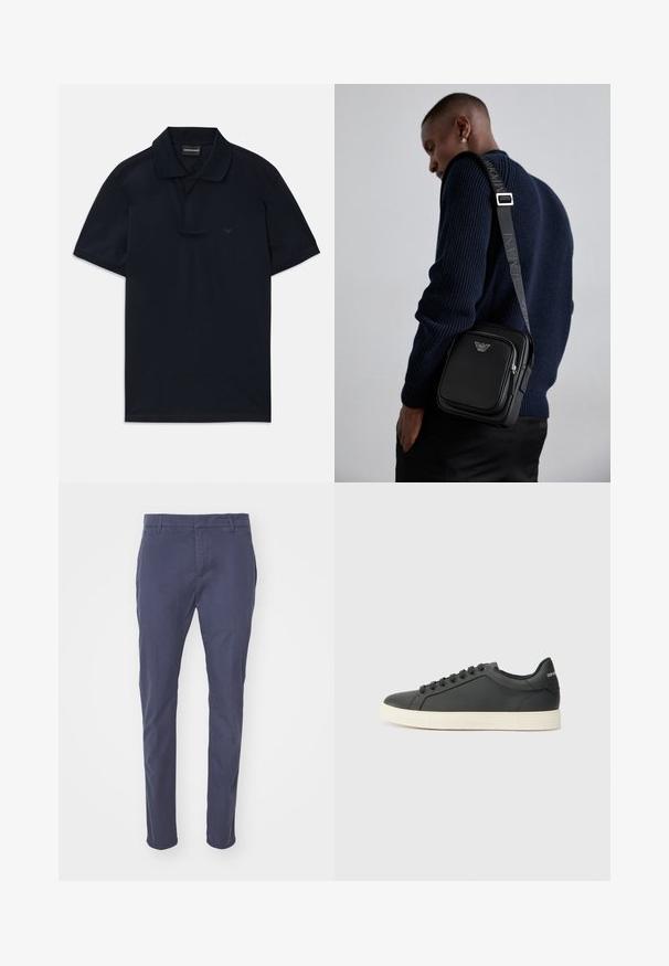 Polo majica tamnoplave boje s kratkim rukavima, ovratnikom i suptilnim logom na liješoj strani grudi, položena na bijelu podlogu.; Morski hlače slim kroja, izrađene od laganog pamuka. Imaju petlje za remen, bočne džepove i glatku površinu.; Crna kožna tenisica s niskim profilom, zaobljenim prstima i vezanjem; ima teksturiranu gumenu potplatu i detalj s logotipom na peti.; Crna kožna torba preko tijela s patentnim zatvaračem, detaljem logotipa i podešivim remenom s marciranjem. Nosiva s teksturiranom mornarsko plavom pletivom.