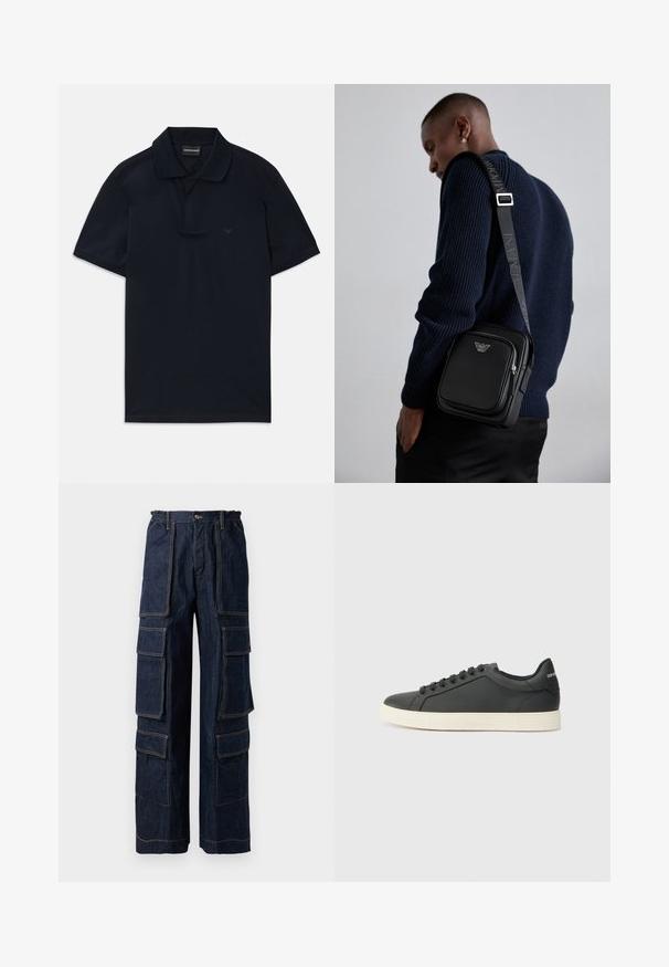 Mornarško modra polo majica s kratkimi rokavi in ovratnikom ter diskretno logotipom na levi prsni strani, razporejena na beli podlagi.; Morska denim cargo hlače z več velikimi žepi, elastičnim pasom in kontrastnim oranžnim šivom. Široka zasnova za sproščen fit.; Črne usnjene superge z nizkim profilom, okroglo špičko in vezalkami; vsebujejo teksturiran gumijast podplat in detajl z logotipom na peti.; Črna usnjena torba čez ramo z zadrgo, detajlom logotipa in nastavljivim trakom s znamko. Nosi se ob teksturirani mornarsko modri pulover.