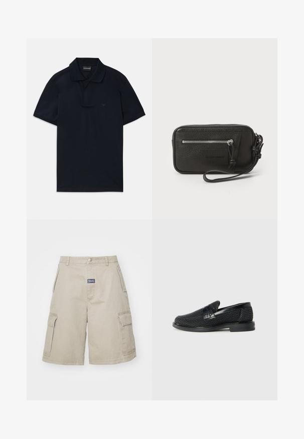 Navyblaues Poloshirt mit kurzen Ärmeln, Kragen und dezentem Logo auf der linken Brust, auf weißem Hintergrund flach ausgelegt.; MISBHV PERFECT - Shorts - beige; Schwarzer geflochtener Slipper mit einem glatten Lederakzent im Obermaterial, einem runden Zehendesign und einer flachen Gummisohle.; Schwarze Leder-Clutch mit strukturiertem Oberflächen, Vorderseite mit Reißverschlusstasche und abnehmbarem Handgelenkriemen. Fällt durch ein Logo-Patch auf der Vorderseite auf. Rechteckige Form.