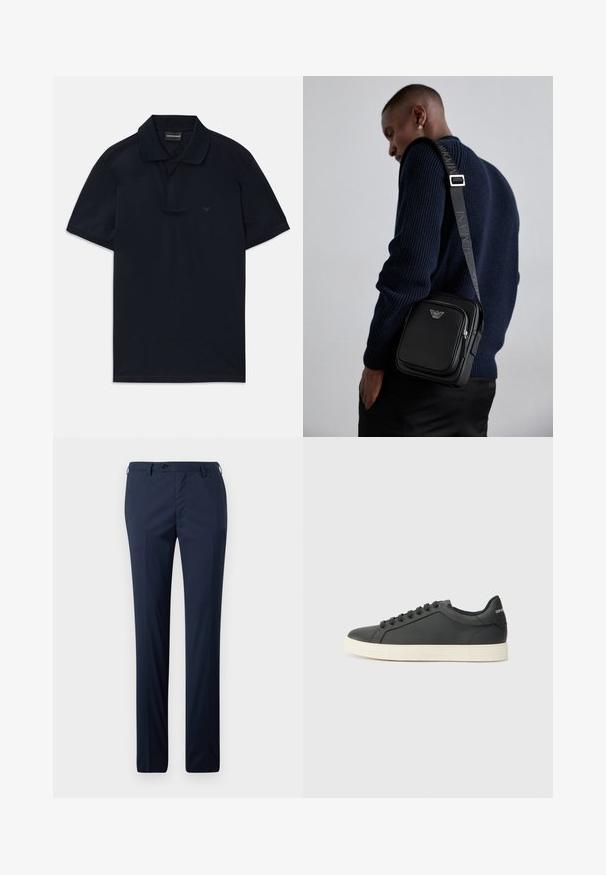 Tummansininen lyhythihainen pikku paita, jossa on kaulus ja hienovarainen logo vasemmassa rinnassa, tasoitettuna valkoiselle taustalle.; Laivastonsiniset puvuntakit suoran leikkauksen omaavana, joissa on sileä pinta, yksittäinen napitus ja vyölenkit istuvuuden parantamiseksi.; Musta nahkakenkä, jossa on matala profiili, pyöreä kärki ja nauhakiinnitys; siinä on tekstiilipohja ja logoyksityiskohta kantapäässä.; Mustat nahkainen olkalaukku, jossa on vetoketjullinen osasto, logoyksityiskohta ja brändätty säädettävä hihna. Päällä teksturoitu tummansininen villapaita.