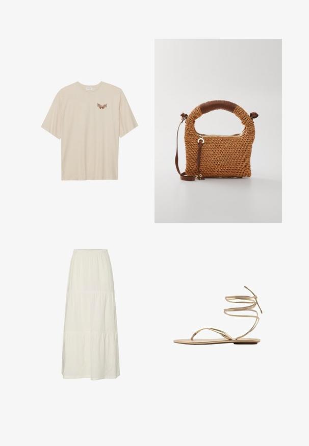 Beige cotton t-shirt with short sleeves, featuring a small brown graphic of wings and the text "SLEEPY CLUB" on the chest.; White, tiered maxi skirt made of lightweight, textured fabric with an elastic waistband. Features three distinct fabric sections.; Gold flat sandal with thin, spiral ankle straps, open toe design, and a minimalist sole. Features a smooth, metallic finish.; Brown woven handbag with a rounded handle. Features a zipped closure and adjustable strap, complemented by a leather accent on the handle.; Gold-tone hoop earrings with a tortoiseshell-patterned resin outer edge, featuring a smooth finish and a sleek, circular shape.