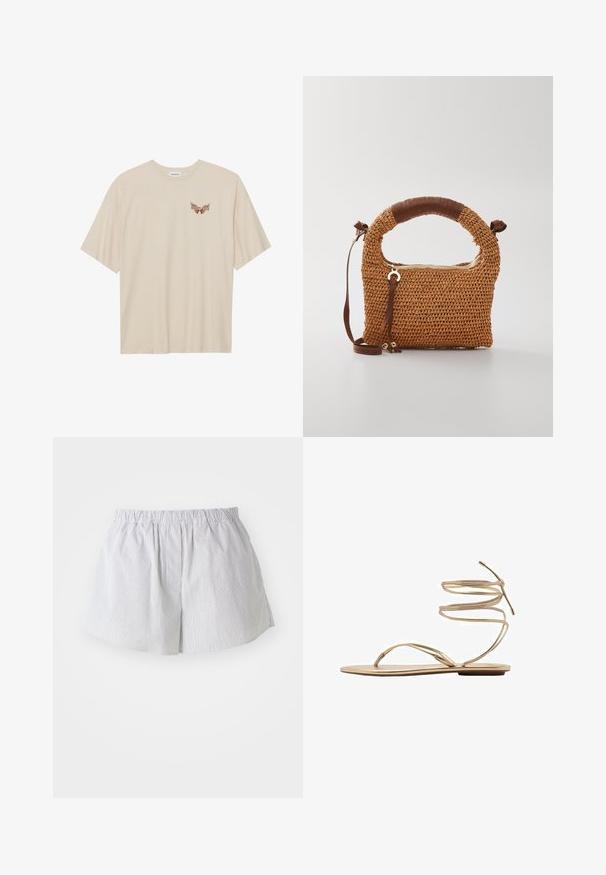 Bež t-shirt iz bombaža s kratkimi rokavi, ki ima na prsih majhen rjav grafični motiv peruti in napis "SLEEPY CLUB".; Prugasti kratki hlače iz svetlo modrega in belega bombaža, z elastičnim pasom in sproščenim krojem ter stranskimi odprtinami za lažje gibanje.; Zlate ravne sandale z tankimi spiralnimi gležnjarji, odprto obliko prstov in minimalistično podplat. Imajo gladek, metalni zaključek.; Rjava pletena torbica z zaobljenim ročajem. Ima zadrgo in nastavljiv trak, ki ga dopolnjuje usnjen dodatek na ročaju.