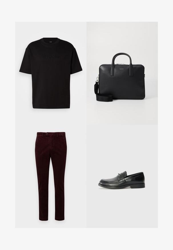 Czarny bawełniany t-shirt z krótkim rękawem, z wytłoczonym logo "Calvin Klein" na przodzie, okrągłym dekoltem i luźnym krojem.; Bordowe spodnie z korduroy w prostym kroju, z zapięciem na guzik i gładką fakturą, wyeksponowane na białym tle.; Czarne skórzane mokasyny z okrągłym noskiem, z haftowanym wzorem, małym przednim paskiem z detalami metalowymi oraz płaską gumową podeszwą.; Czarna skórzana teczka o teksturowanym wykończeniu, z podwójnymi uchwytami, odpinanym paskiem na ramię oraz logo z przodu. Zamek błyskawiczny.