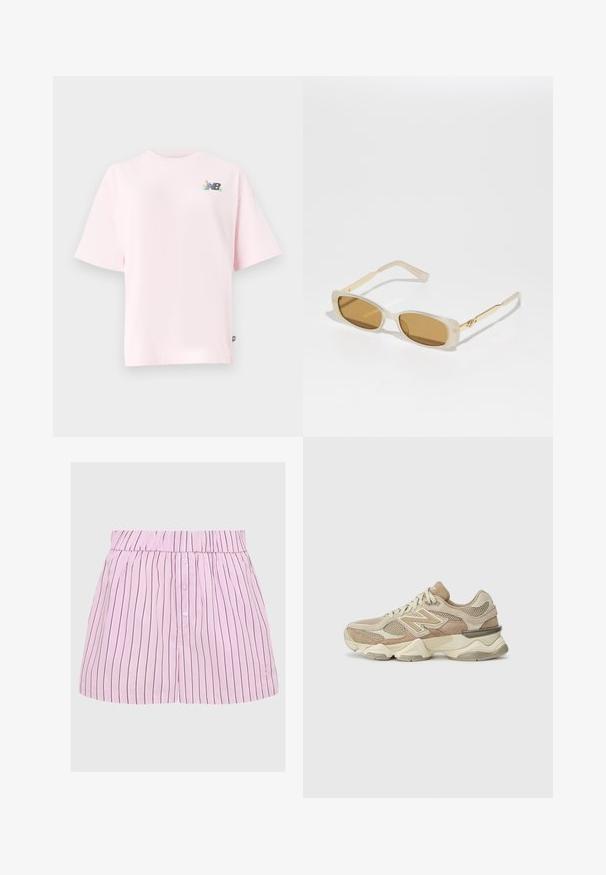 Tričko s krátkým rukávem a kulatým výstřihem v světle růžové barvě z bavlny, s barevným logem New Balance na levé části hrudi. Normální střih, jemná textura.; Růžové pruhované šortky s elastickým pasem, zapínáním na knoflík a vertikálními námořnickými pruhy, s malým logem na lemu.; Béžové sportovní tenisky s materiály z síťoviny a semiše, kulatou špičkou, silnou podrážkou a výraznými reflexními akcenty po straně.; Obdélníkové sluneční brýle s průhledným rámem, hnědými tónovanými čočkami, zlatými kovovými akcenty a průhlednými stranami. Hladký povrch, moderní design.