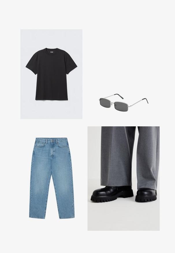 Must sõnumit särk lühikeste varrukate ja puuvillase kangaga. Omab ümarat kaelust ja lõdva istuvust. Lihtne disain, ilma mustrite või aktsentideta.; Heledad tumesinised lai jalgadega teksad kõrge vöökohtaga, millel on viis taskut, vöökohad ja pehme, kergelt pleekinud tekstuur.; Mustad mustad nahast kingad paksu tallaga, millel on sügavad tallad, koos hallide rüütele koosseeritud laiade pükstega.; Käikuv vormi prillid tumedate hallide läätsedega, õhuke hõbedane metallraam ja musta kummiga kaetud templite otsad. Minimalistlik disain.