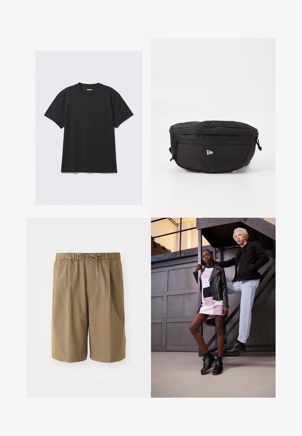 Zwarte korte mouwen T-shirt van katoen. Kenmerkt zich door een ronde halslijn en een ontspannen pasvorm. Eenvoudig ontwerp zonder zichtbare patronen of accenten.; Bruine geplooide shorts met een elastische tailleband en verstelbaar trekkoord. Gemaakt van een gladde, lichte stof met rechte pijpen.; Twee modellen poseren op een metalen trap. De een draagt een zwart leren jasje over een veelkleurige gestreepte jurk en zwarte enkelboots. De ander heeft een zwart jasje, lichte jeans en zwarte laarzen aan.; Zwarte heuptas van nylon; beschikt over een voorkant met ritszak, verstelbare schouderband en een logo-embleem. Ronde vorm met een gladde textuur.