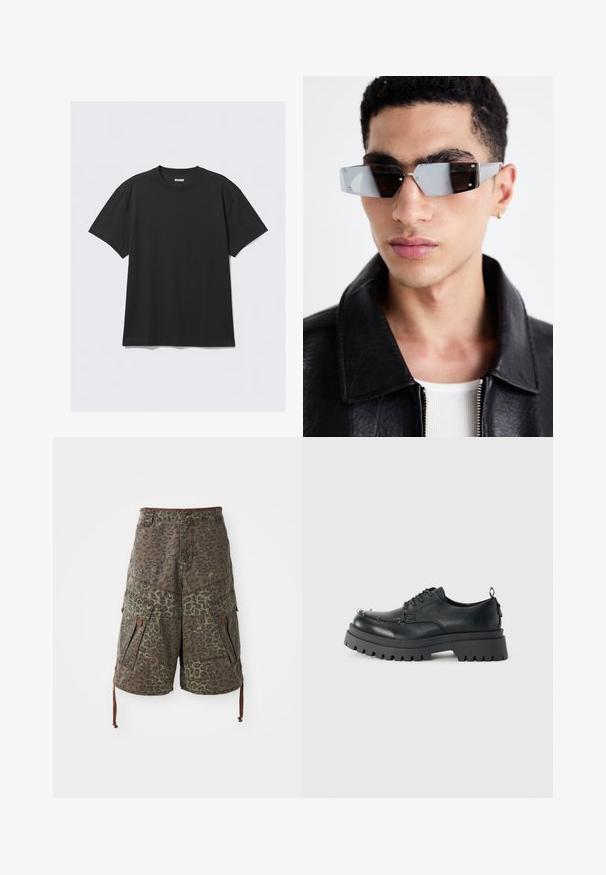 Black short-sleeve t-shirt made of cotton. Features a crew neckline and a relaxed fit. Simple design with no patterns or accents visible.; Camo cargo shorts in green and brown with leopard print, featuring multiple pockets, adjustable drawstrings, and reinforced stitching details.; Black chunky leather lace-up shoe with thick rugged sole and metal eyelets on toe area, photographed against a plain light background.; Angular gray-tinted sunglasses with silver hardware, set against a light background. The lenses feature a unique geometric shape.