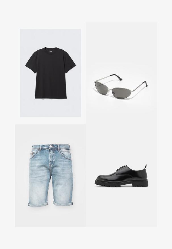 Melnas īsām piedurknēm t-krekls, kas izgatavots no kokvilnas. Tam ir apaļa kakla izgriezne un brīva piegriezuma siluets. Vienkāršs dizains bez rakstiem vai akcentiem.; Gaiši zili džinsi šorti ar nodilušu apdari, sarullētiem maliņām, piecām kabatām un metāla pogas aizdari, saturot smalku nodiluma efektu.; Melnas ādas siksniņu kurpes ar apaļu purngalu, gludu tekstūru un ar rievotu gumijas zoli. Iezīmējas ar mazu papēdi un cilpu aizmugurē.; Saulesbrilles ar elegantu sudraba metāla rāmi, pelēkās nokrāsas lēcām un aerodinamisku dizainu, kas izceļas ar izliektiem stūriem un plānām kājām.