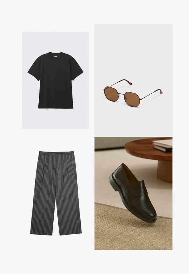 Svart t-shirt med korta ärmar, tillverkad av bomull. Har en rund halsringning och en avslappnad passform. Enkel design utan mönster eller synliga detaljer.; Mörkgrå vida byxor med tunna vita vertikala ränder, veck framtill, sidofickor, bälteöglor och en brun knappknäppning.; Svart läderloafer med en slät yta, rund tå och ett dekorativt band över ovansidan. Låg gummihäl, placerad mot en strukturerad yta.; Bruna oktogonala solglasögon med tunna mörka metallramar, justerbara näskuddar och bruna tonade linser; bågarna har en orange accent.