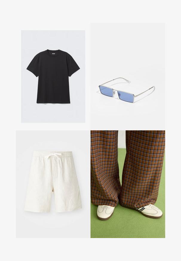 Schwarzes T-Shirt mit kurzen Ärmeln aus Baumwolle. Hat einen Rundhalsausschnitt und eine lockere Passform. Einfaches Design ohne sichtbare Muster oder Akzente.; Leinen-Shorts in hellbeige mit einem elastischen Taillenbund und Kordelzug. Mit seitlichen Taschen und lockerer Passform. Glatte Textur.; Braun und blaue Karohosen mit weitem Bein, kombiniert mit weißen Schuhen mit schwarzen Akzenten und strukturierten Sohlen, vor einem grünen Hintergrund.; Metallsonnenbrille mit rechteckiger Form, blauen getönten Gläsern und silbernem Rahmen. Verfügt über Nasenpolster und dünne, gerade Bügel.