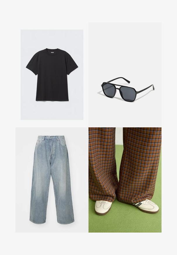 Tricou negru cu mânecă scurtă, din bumbac. Are un decolteu tip crew și o croială lejeră. Design simplu, fără modele sau accente vizibile.; Jeans din denim albastru deschis, cu o croială lejeră, talie înaltă, cinci buzunare și cusături contrastante. Prezintă un design cu picior drept și tivuri curate.; Pantaloni largi cu carouri maro și albastru, asociați cu pantofi albi cu accente negre și tălpi texturate, împotriva unui fundal verde.; Ochelari de soare negri cu ramă octogonală, lentile întunecate, finisaj lucios, temple subțiri și accente aurii în partea din față.