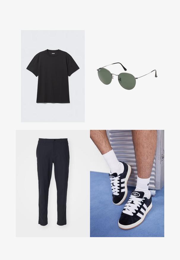 Zwarte korte mouwen T-shirt van katoen. Kenmerkt zich door een ronde halslijn en een ontspannen pasvorm. Eenvoudig ontwerp zonder zichtbare patronen of accenten.; Marineblauwe op maat gemaakte broek van een gladde stof; voorzien van een knoopsluiting, riemlussen en zijzakken; slim fit ontwerp.; Zwarte suède sneakers met witte veters en drie witte strepen. Heeft een cirkelvormig zwart logo op de tong en een gumrubberen zool.; Metalen zonnebril met ovale groene lenzen. Dunne zilveren metalen rand en zwarte oorstoppers. Minimalistisch ontwerp, zonder zichtbare logo's.